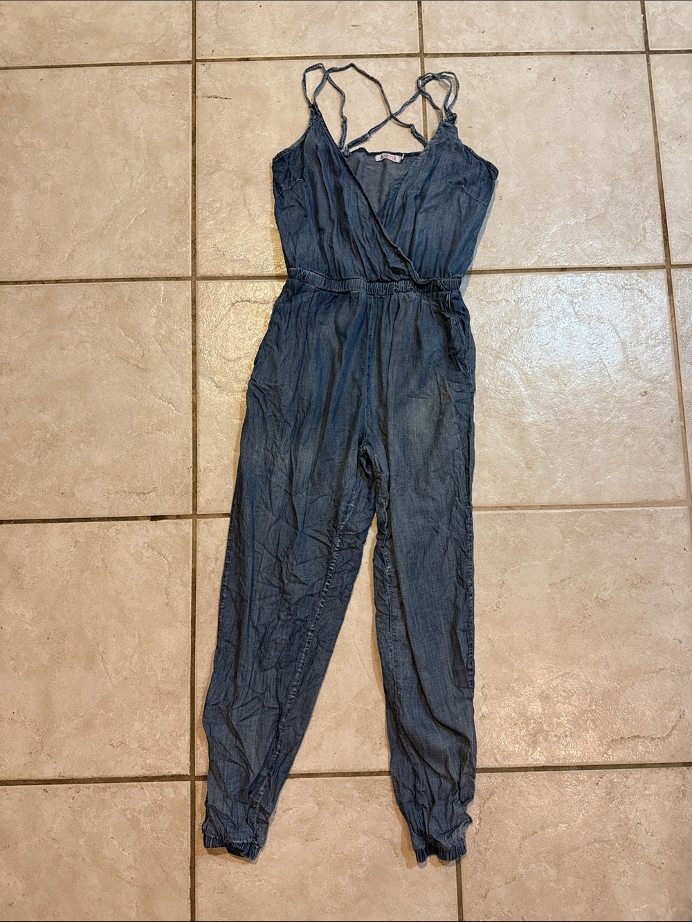 JustFab Washed Blue Strappy Chambray Jumpsuit